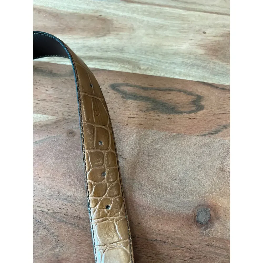 Vintage 90's brown croc-embossed leather belt S gold-toned brass buckle Italian